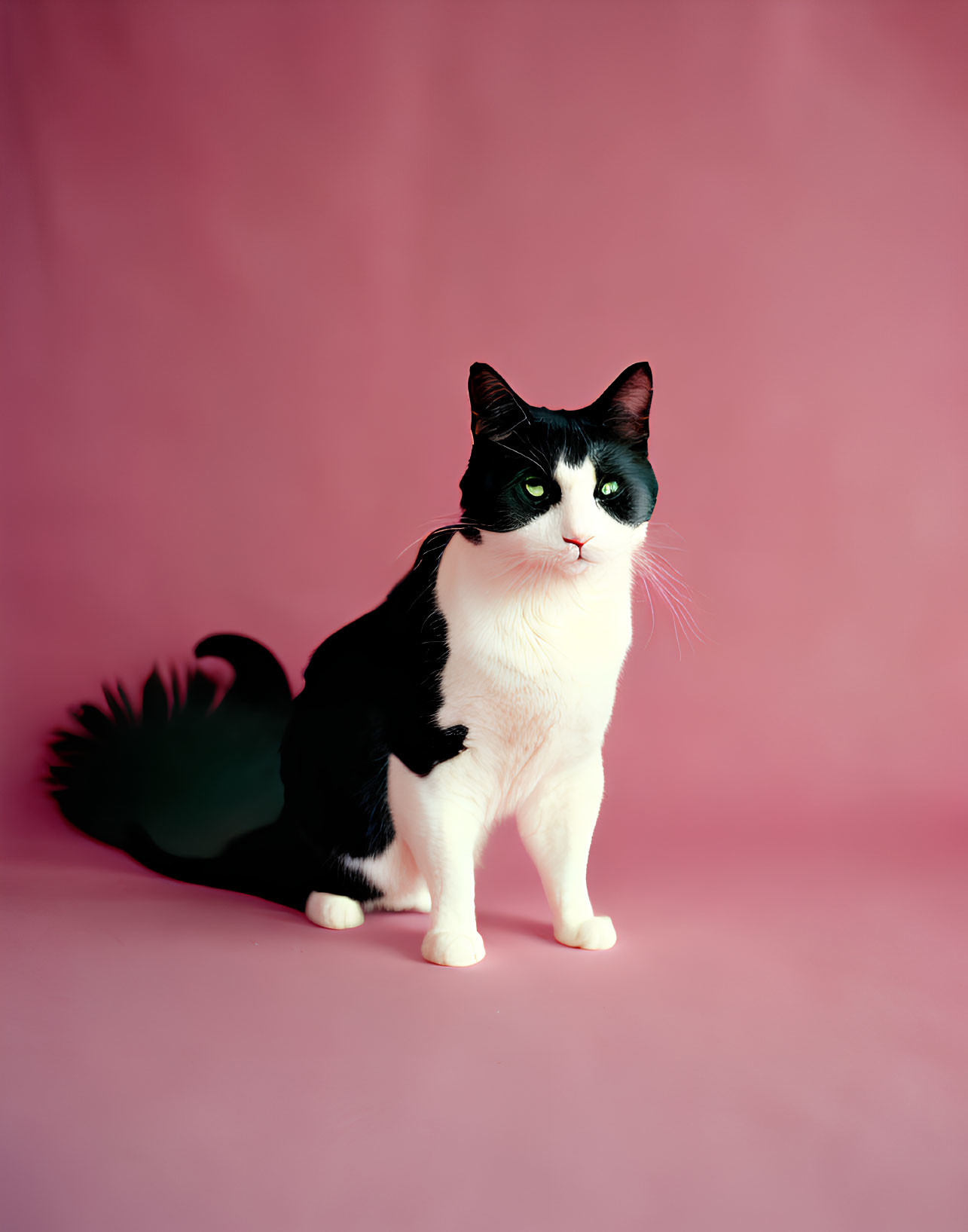 Black and white cat on pink background gazes at camera