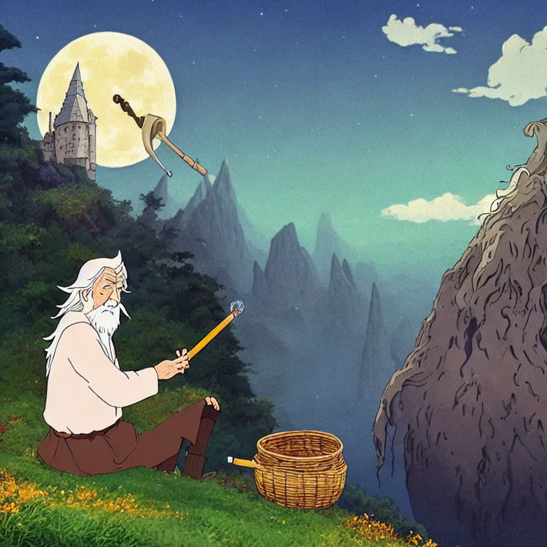 Elderly wizard crafting wand on grassy ledge by castle under full moon