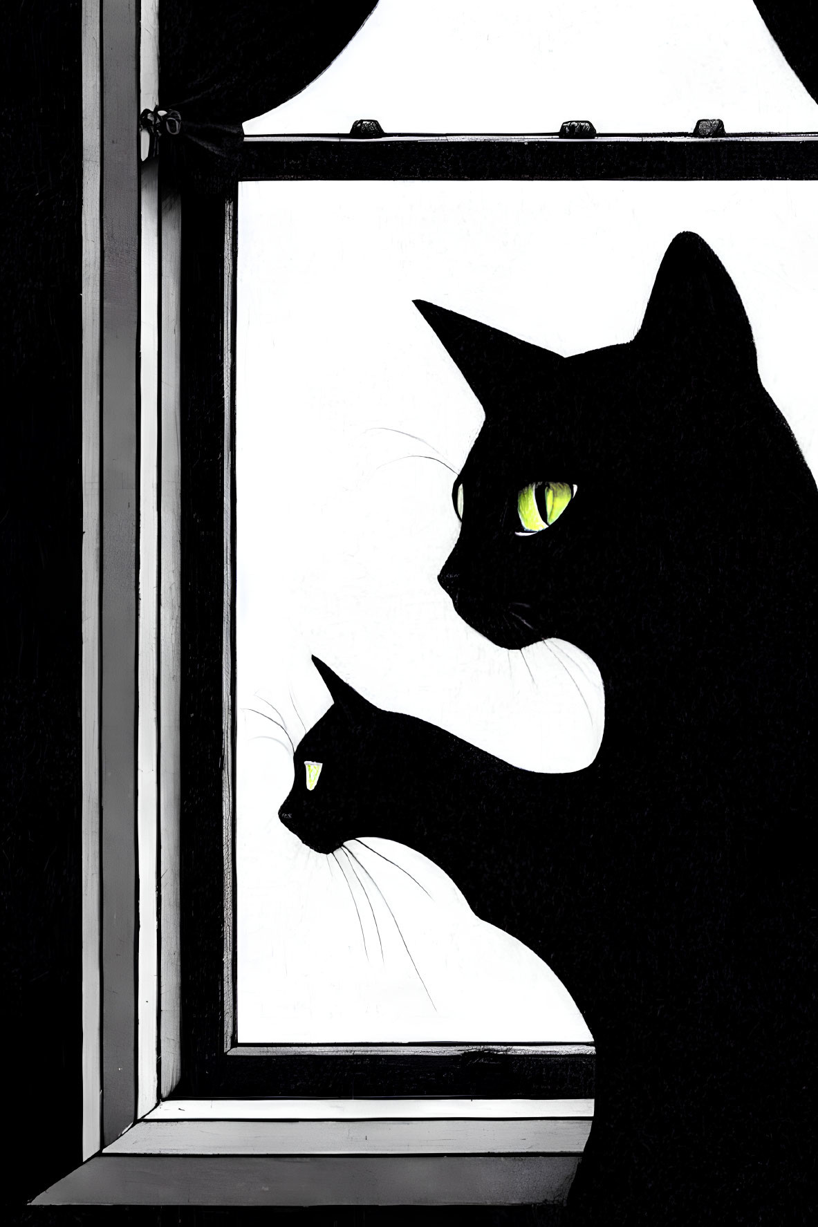 Stylized black cat with yellow eyes by open window and reflection