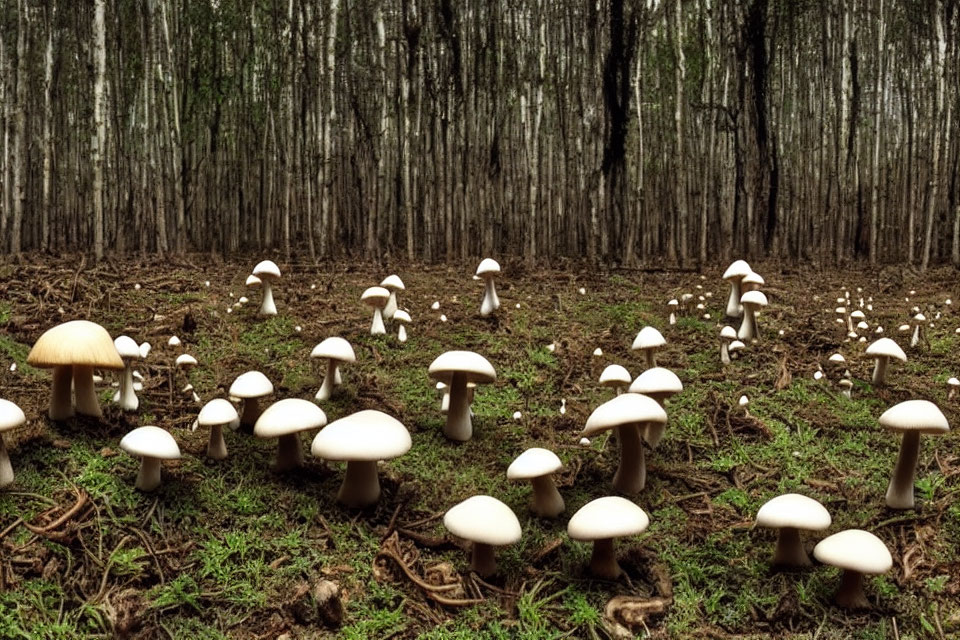 White Mushrooms Sprouting in Forest Detritus Amidst Vertical Tree Trunks
