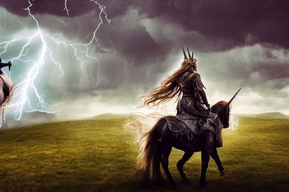Medieval armored warrior on horse in stormy sky with lightning.
