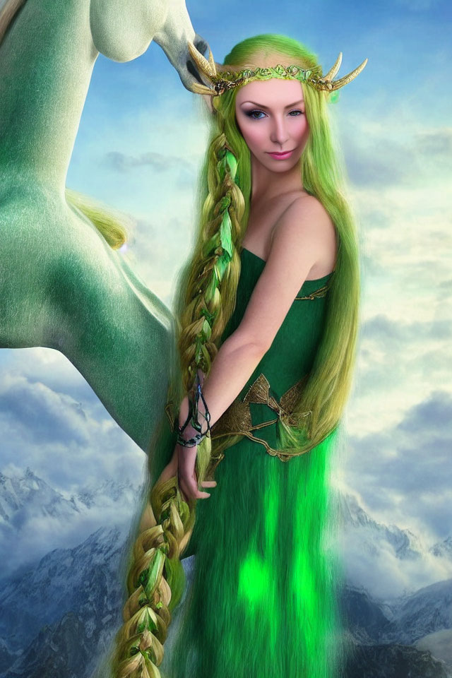 Fantasy image of woman with green hair, crown, and creature horn in mountain setting.