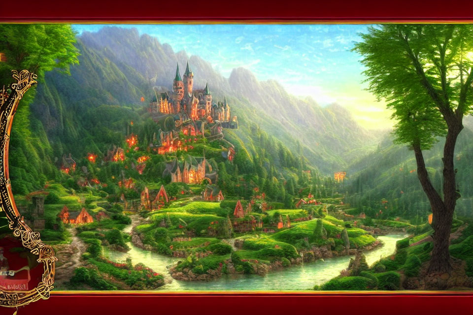 Majestic castle on mountain in vibrant fantasy landscape
