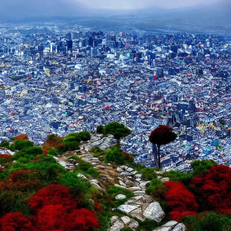 Densely packed cityscape with buildings from mountain trail
