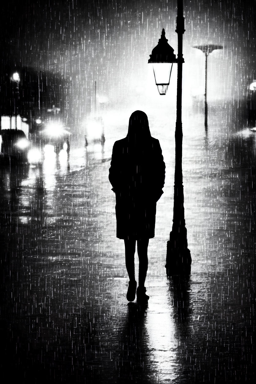 Silhouette of Figure in Rainy Night Street Scene