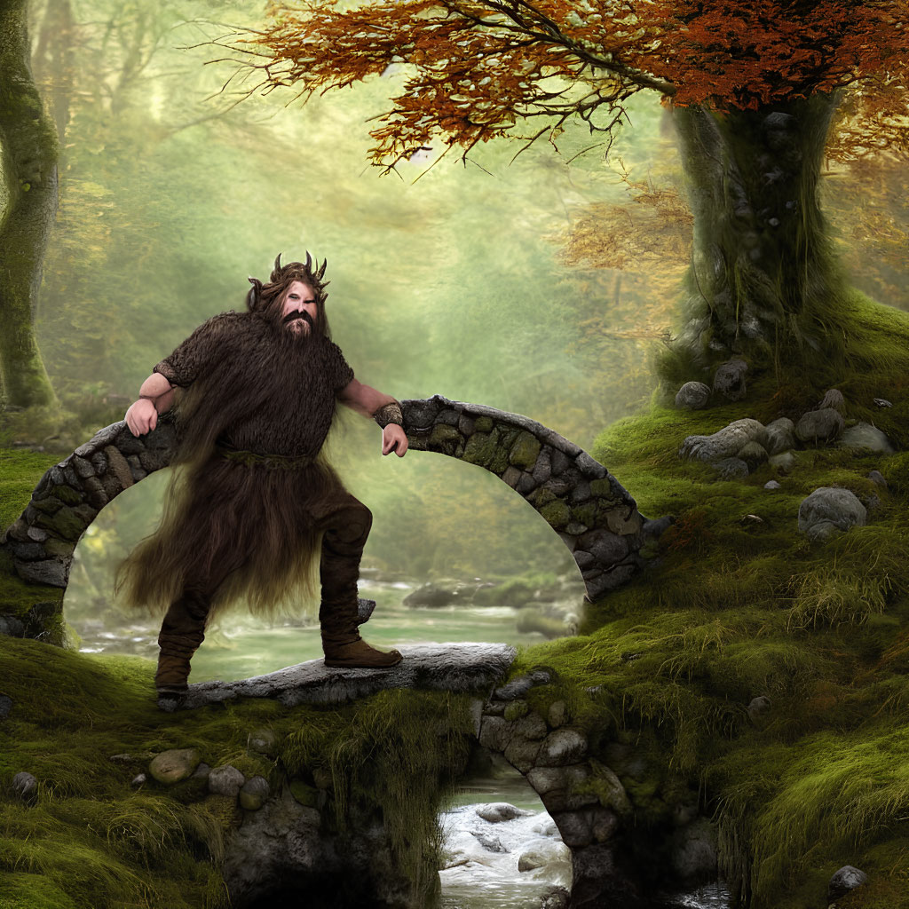 Bearded Viking man on stone bridge in lush forest with stream