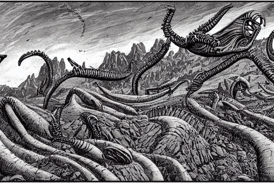 Monochrome illustration of landscape with tentacled creatures & mountains