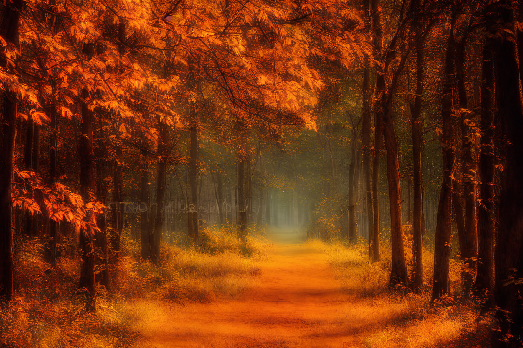 Autumn forest path with vibrant orange leaves and soft glowing light