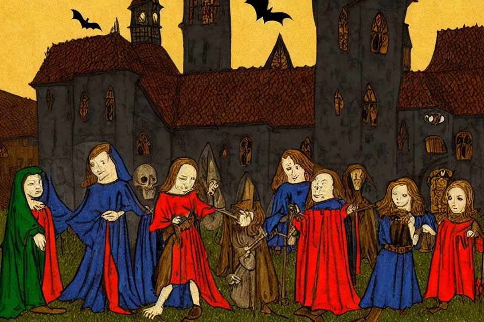 Medieval-style illustration of robed figures and bats at gothic castle