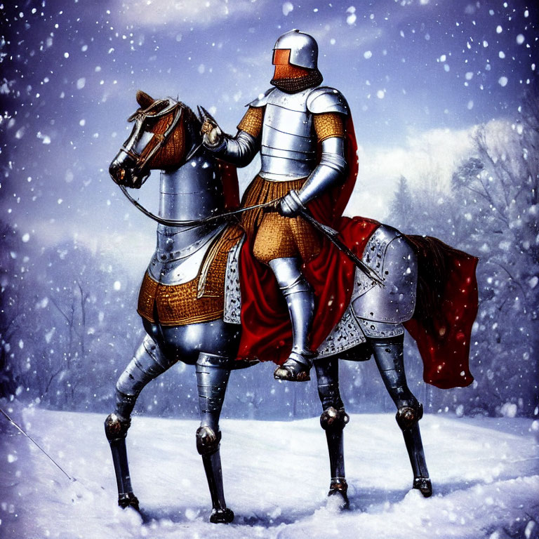 Medieval knight and horse in snowfall forest scene