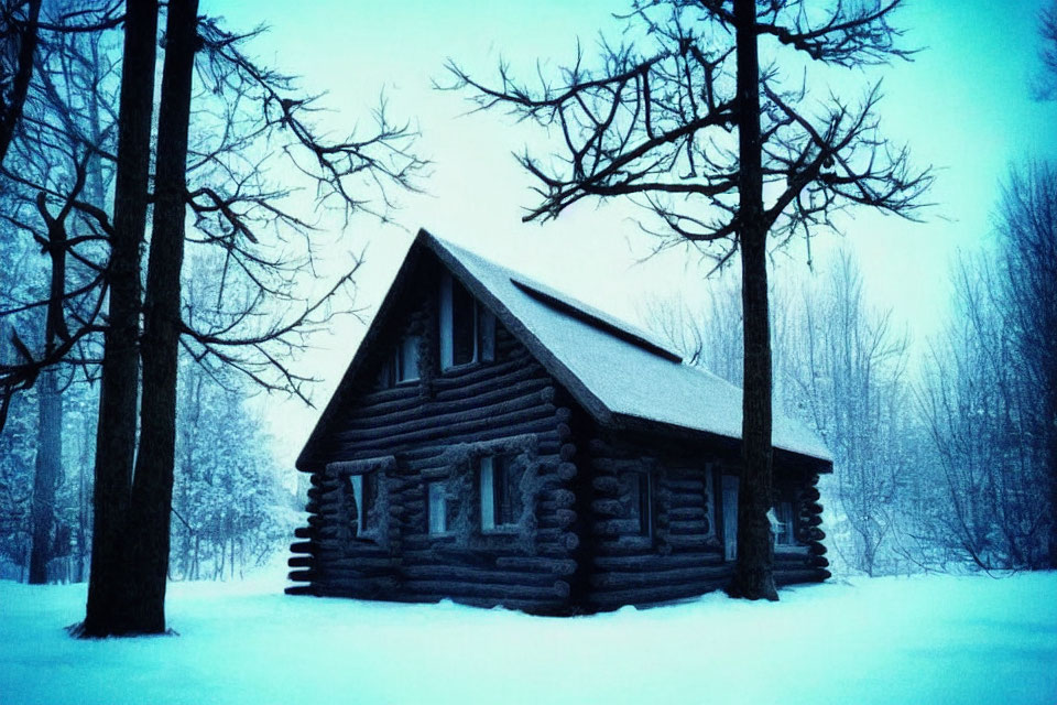 Snow-covered log cabin in tranquil wintry landscape