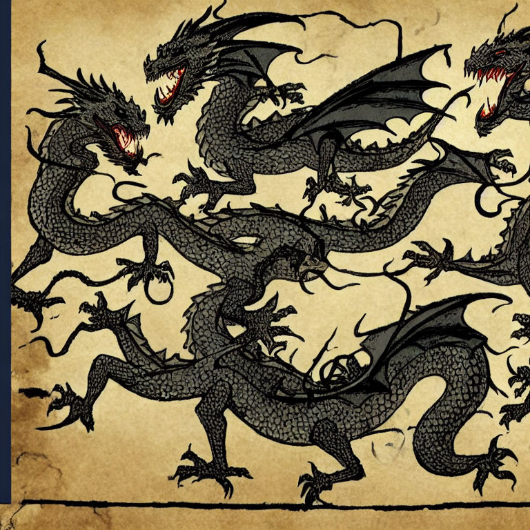 Illustration of Entwined Black Dragons Roaring on Parchment Background