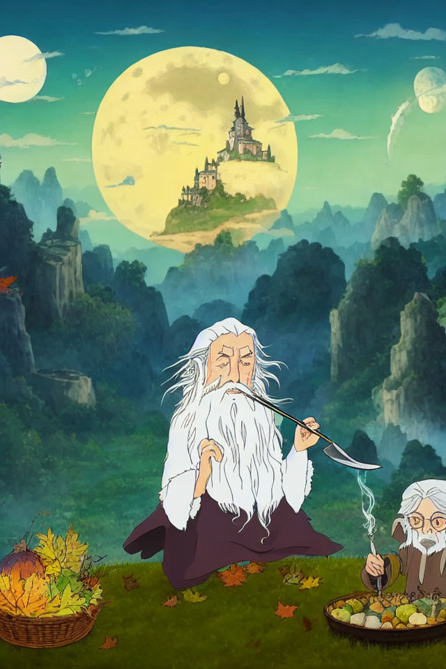 Bearded wizard playing string instrument in mystical landscape