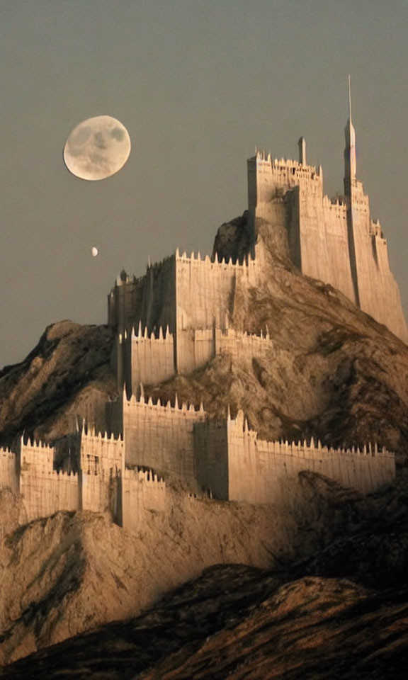Imposing castle on rocky mountain under dusky sky
