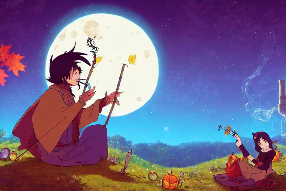 Animated characters playing flute under full moon with glowing plants & telescope.