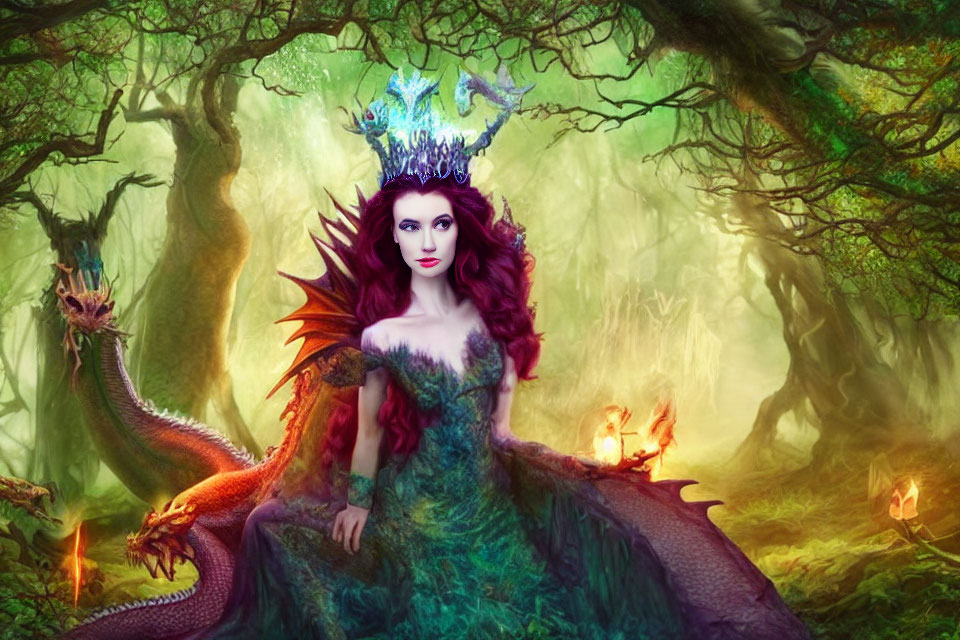 Mystical woman with crown and dragons in enchanted forest