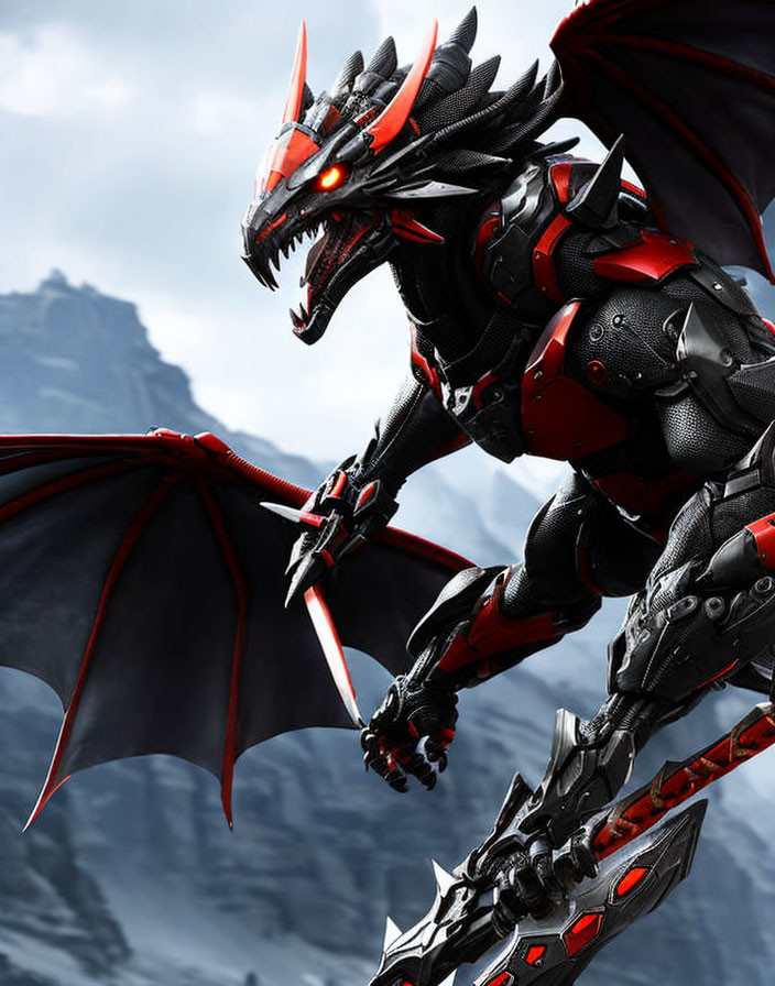 Menacing robotic dragon with red eyes and wings in rocky setting