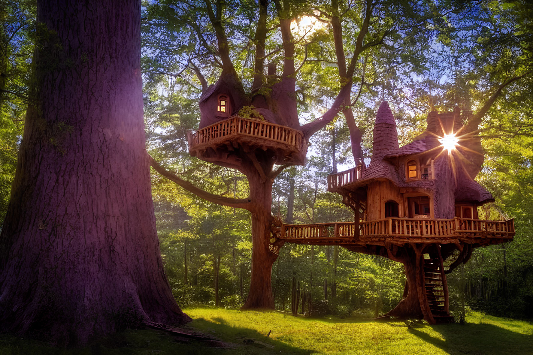 Sunlit Forest Treehouse with Wooden Staircase