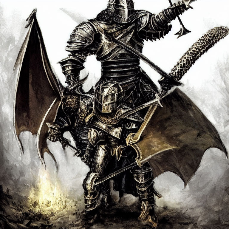 Armored knight with sword and shield in ominous setting