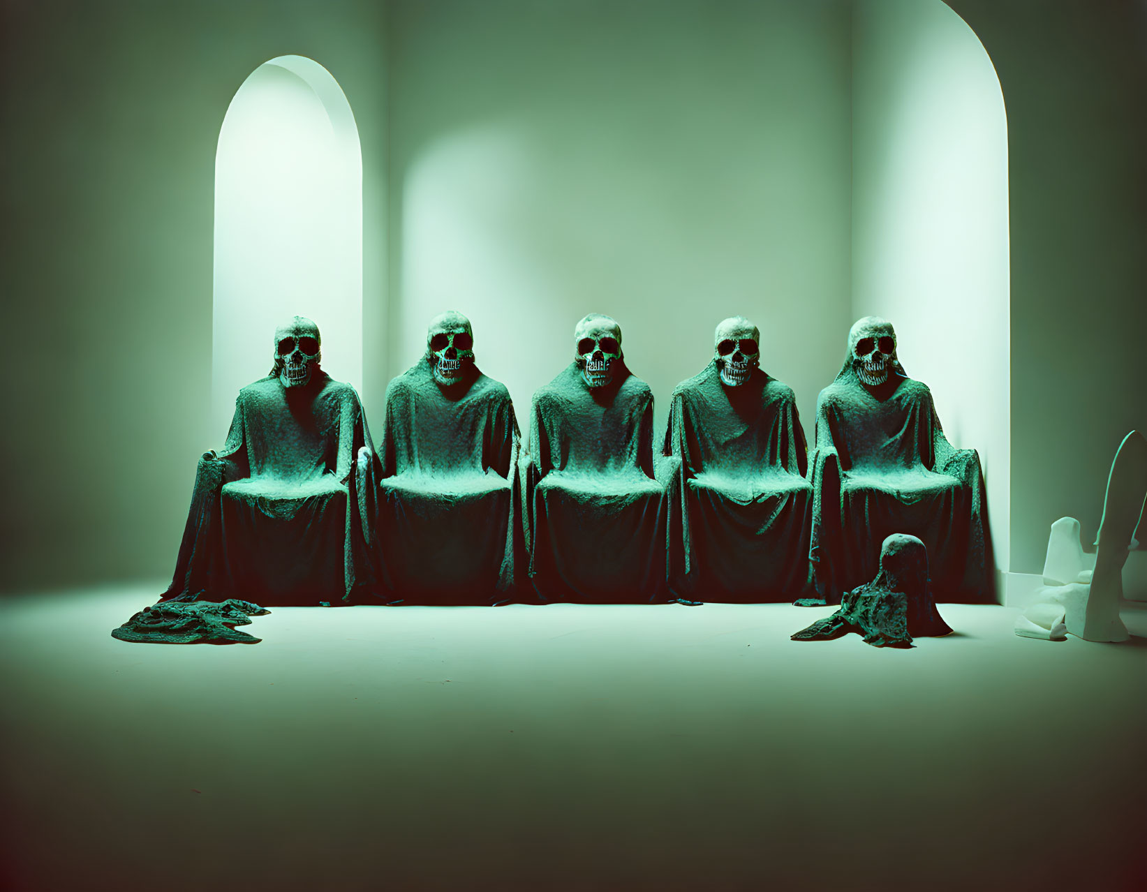 Six hooded figures with skeletal faces under arched openings in eerie green lighting