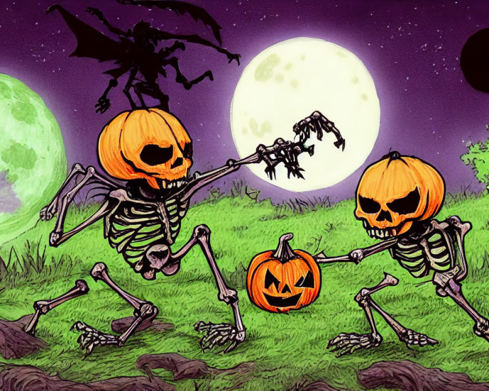 Spooky cartoon: dancing skeletons with pumpkin heads under a full moon and bats in purple night sky