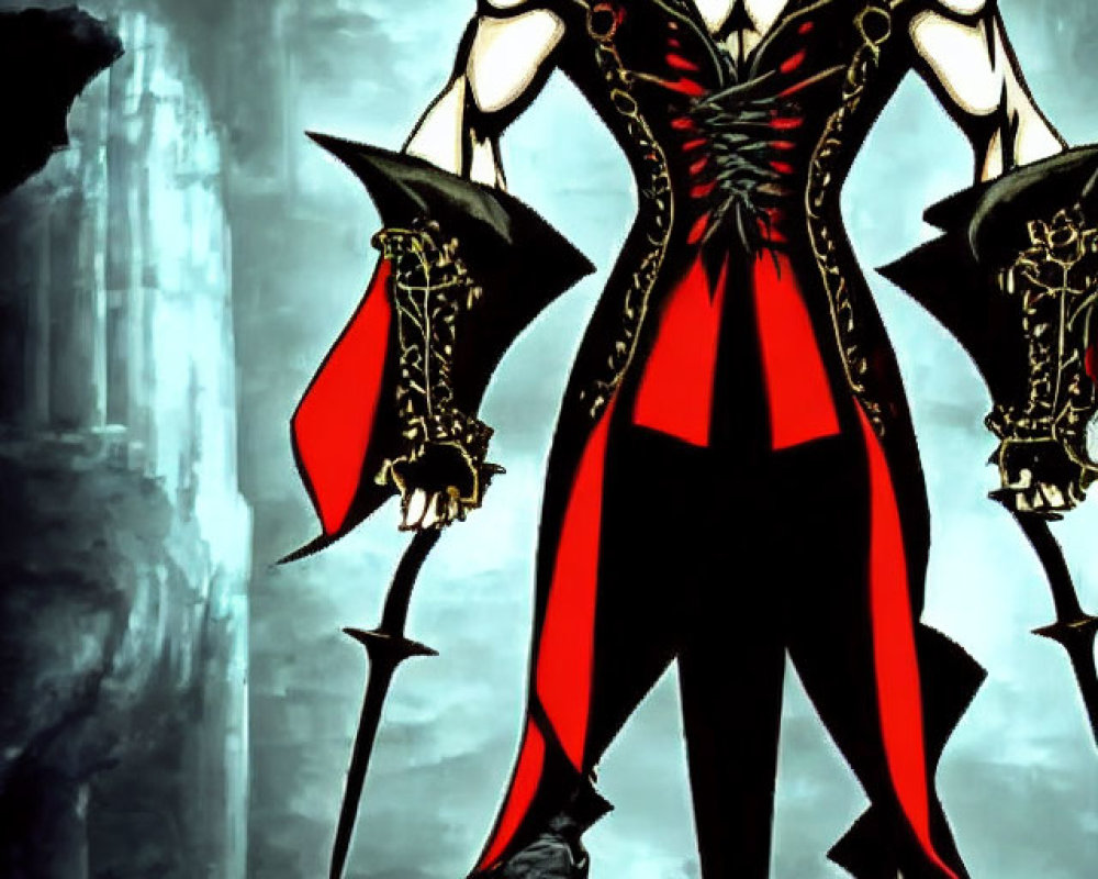 Long White-Haired Animated Character in Black and Red Coat