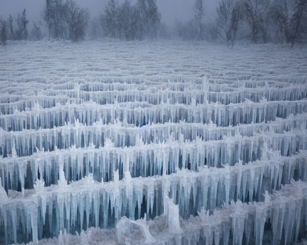 Frozen landscape with tall ice stalagmites under gloomy sky