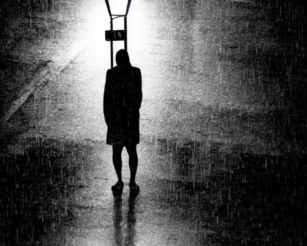 Solitary figure under streetlamp in rainstorm