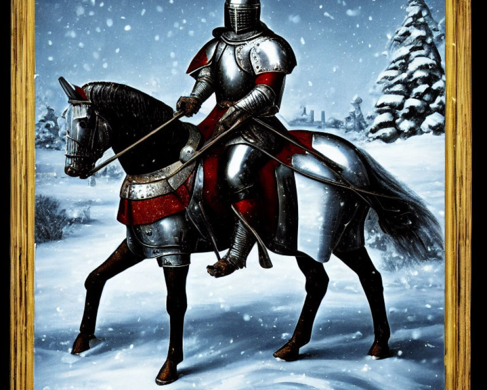 Knight in Shining Armor on Horse in Snowy Landscape with Pine Tree in Gold Frame