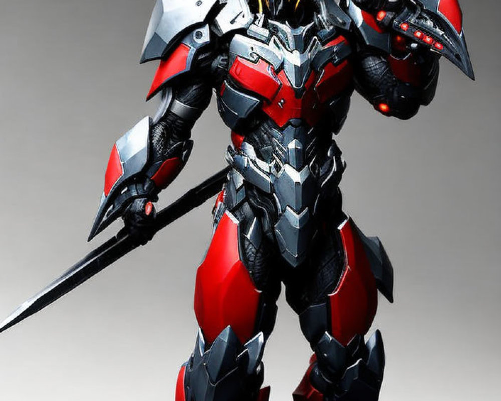 Armored warrior figure with red and silver plating and horned helmet.