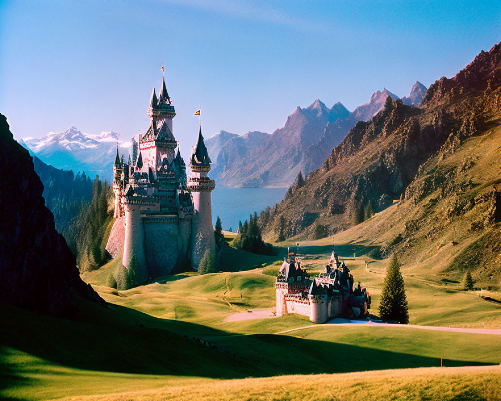 Fairytale castle in green hills with snow-capped mountains