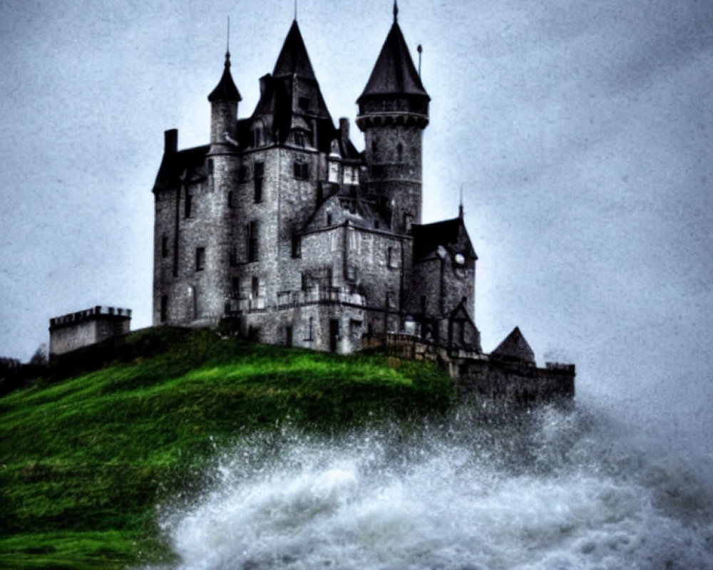 Castle with multiple spires on misty hill by turbulent waves