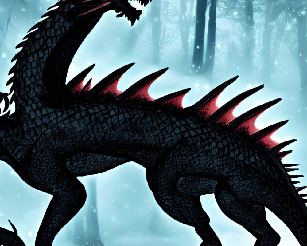Black Dragon with Red Spines in Snowy Forest: Majestic and Fierce