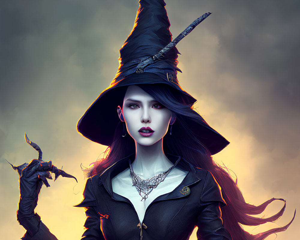 Stylized witch portrait with tall black hat and mystical amulet