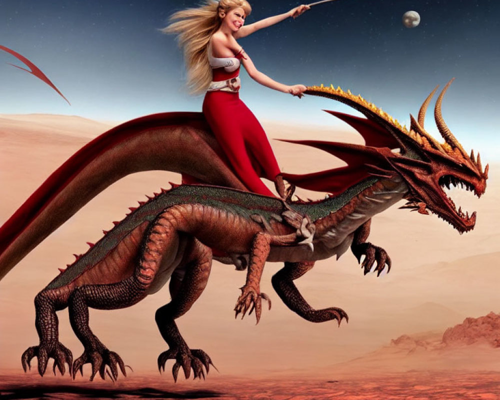 Blonde Woman Riding Red Dragon with Sword in Desert Sky