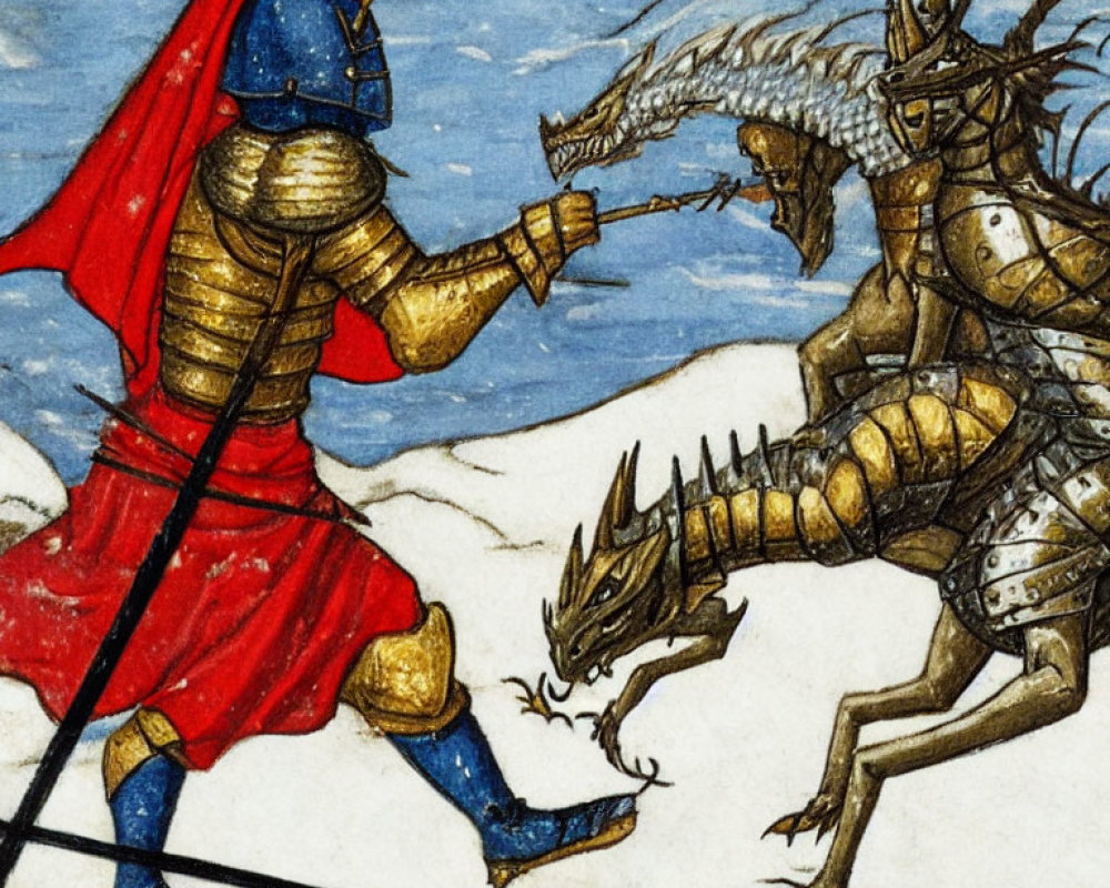 Medieval illustration of knight battling dragon-like creature