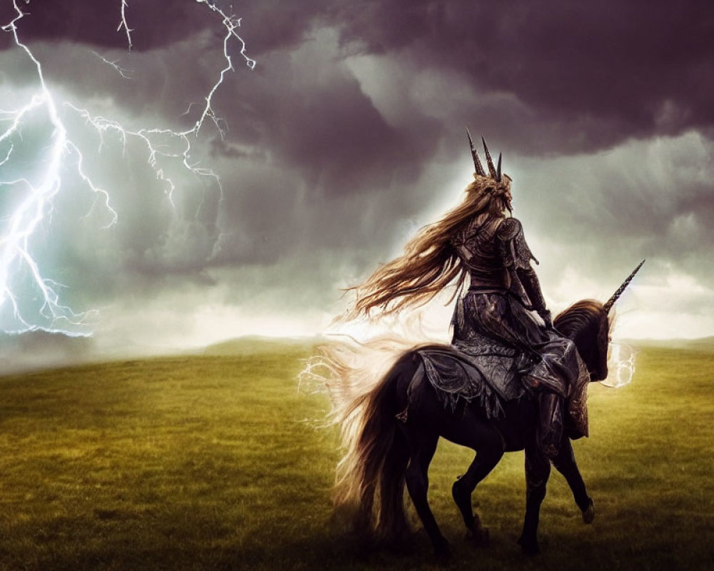 Medieval armored warrior on horse in stormy sky with lightning.