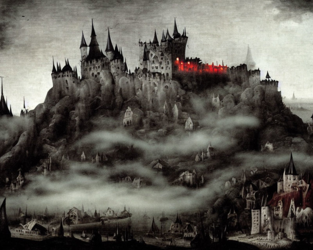 Monochrome gothic painting of misty landscape with imposing castle