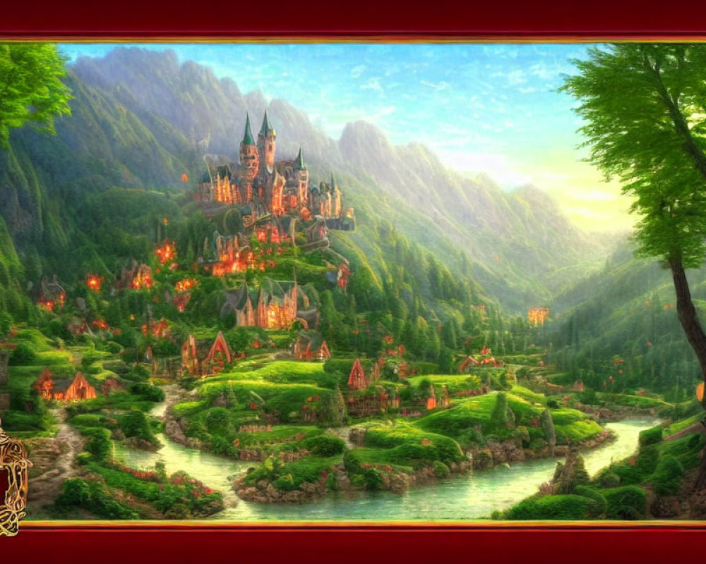 Majestic castle on mountain in vibrant fantasy landscape