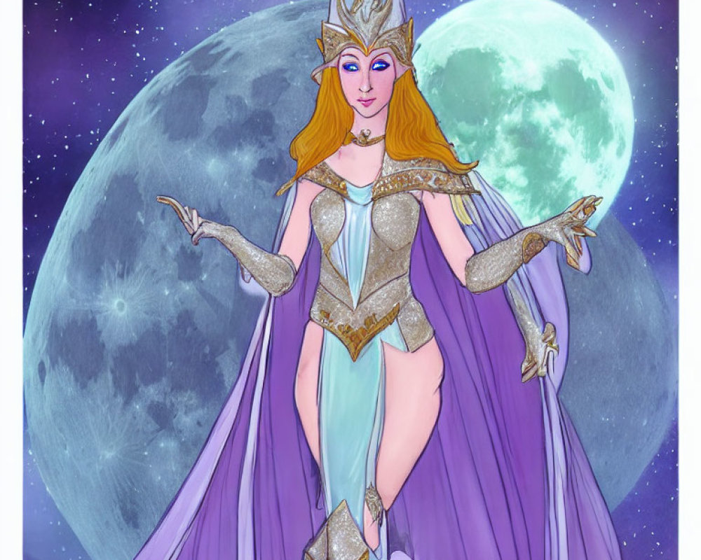 Illustrated fantasy queen in purple and gold attire under starlit sky