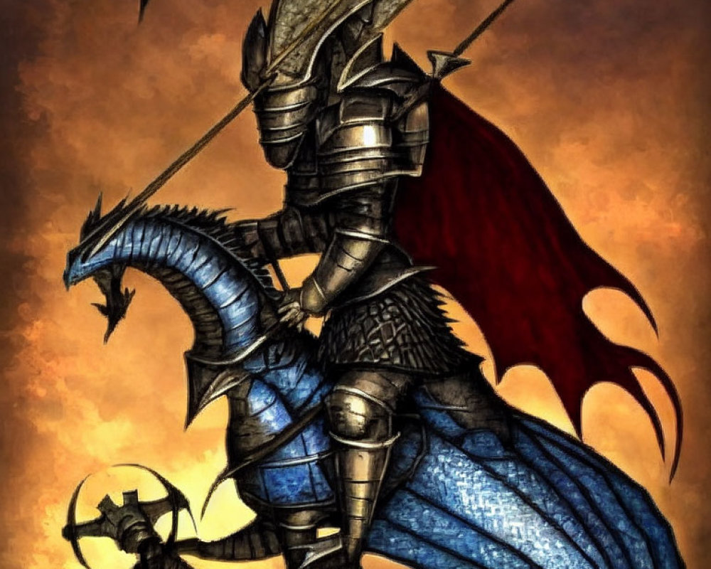 Armored knight riding dragon with lance and shield in fiery scene