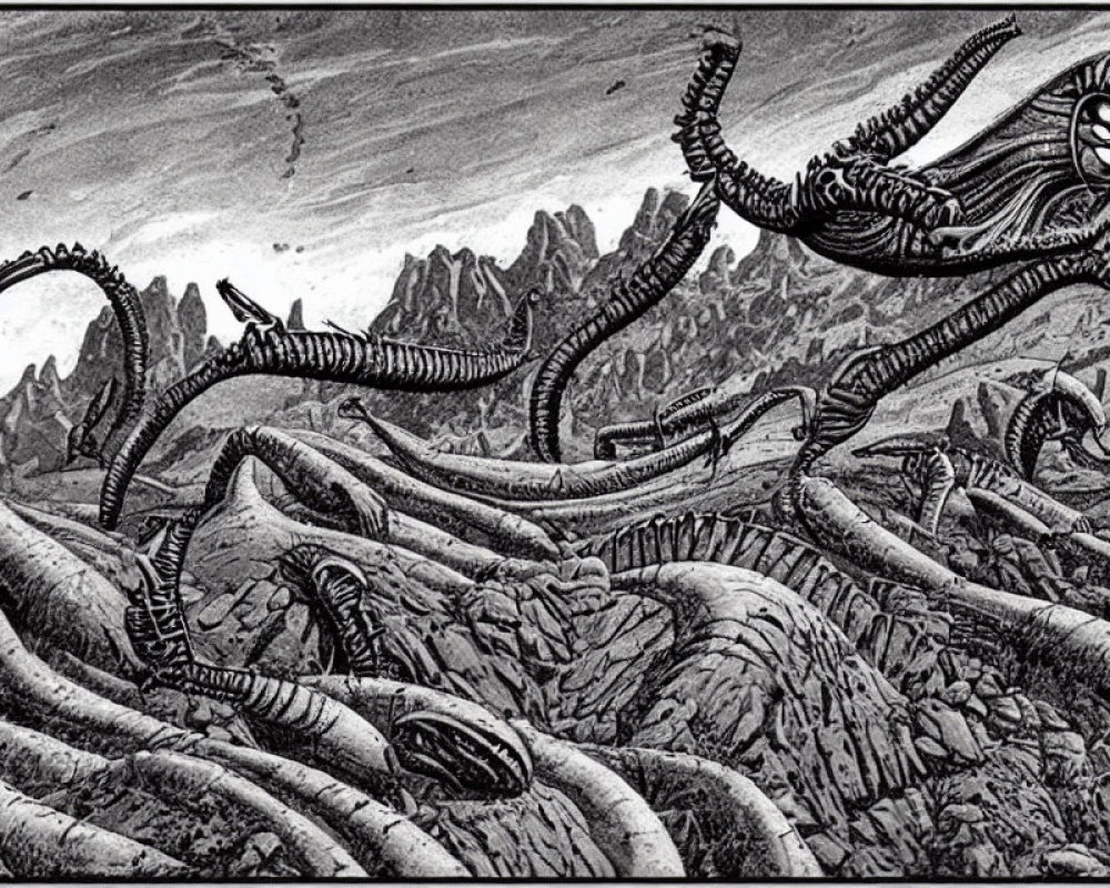 Monochrome illustration of landscape with tentacled creatures & mountains