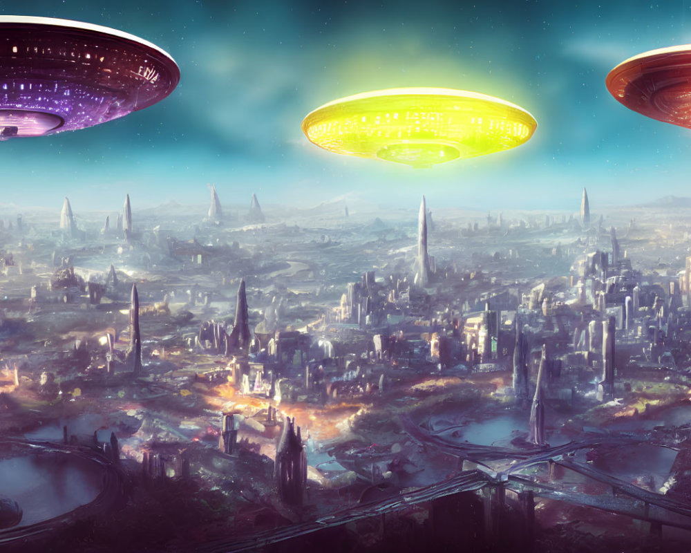 Futuristic cityscape with large hovering UFOs