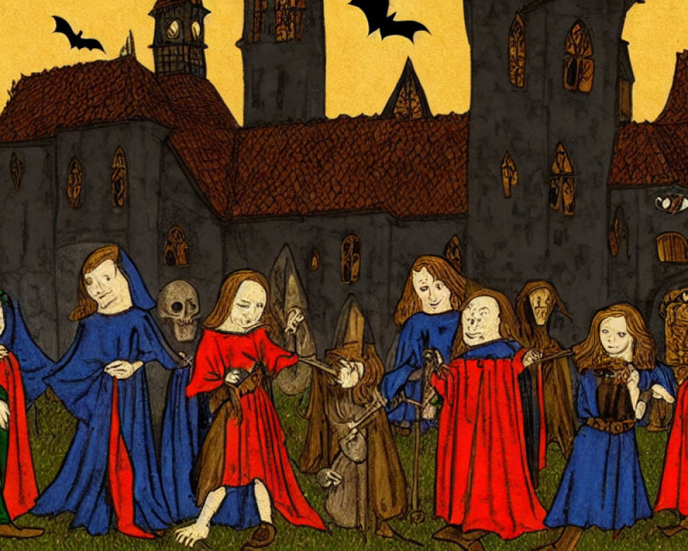 Medieval-style illustration of robed figures and bats at gothic castle