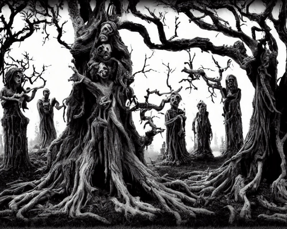 Monochrome artwork of eerie forest with twisted human-like trees