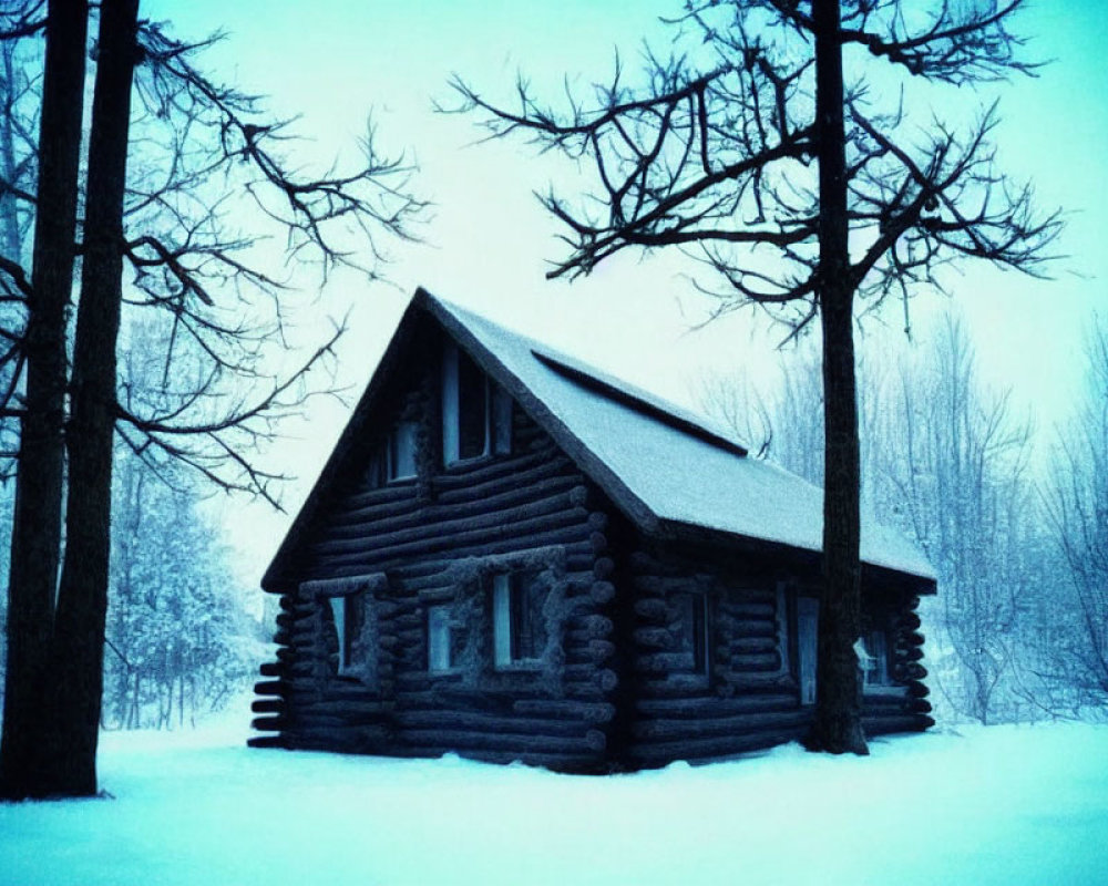Snow-covered log cabin in tranquil wintry landscape