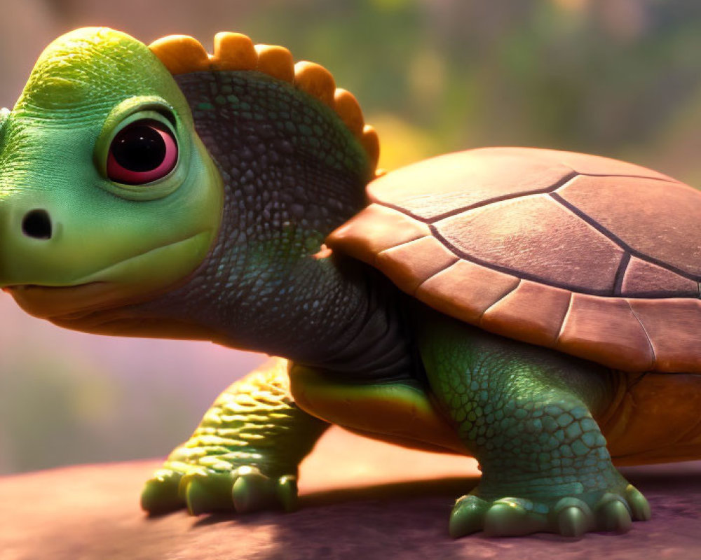Green 3D Animated Turtle with Expressive Eyes on Rock in Forest