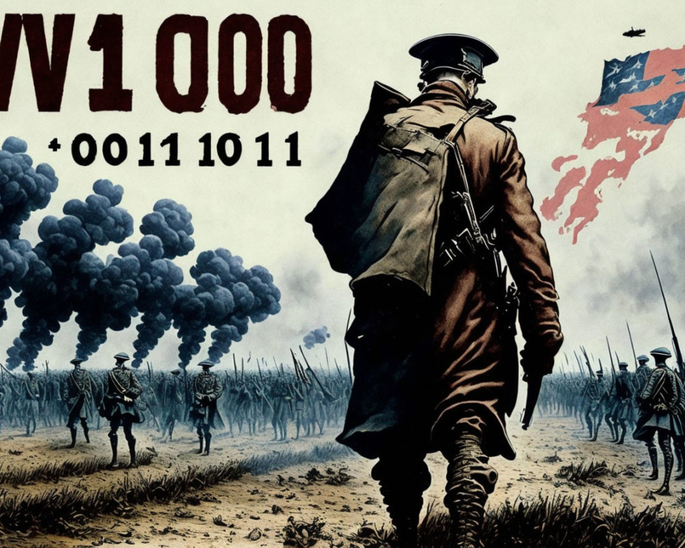 Vintage military soldiers on battlefield with smoke plumes and "WW1 000" text.