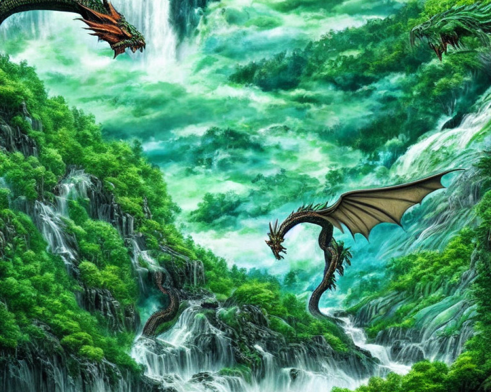 Dragons Flying Near Majestic Waterfalls in Mythical Landscape