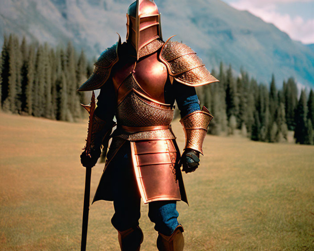 Medieval knight in ornate armor with spear against mountain backdrop